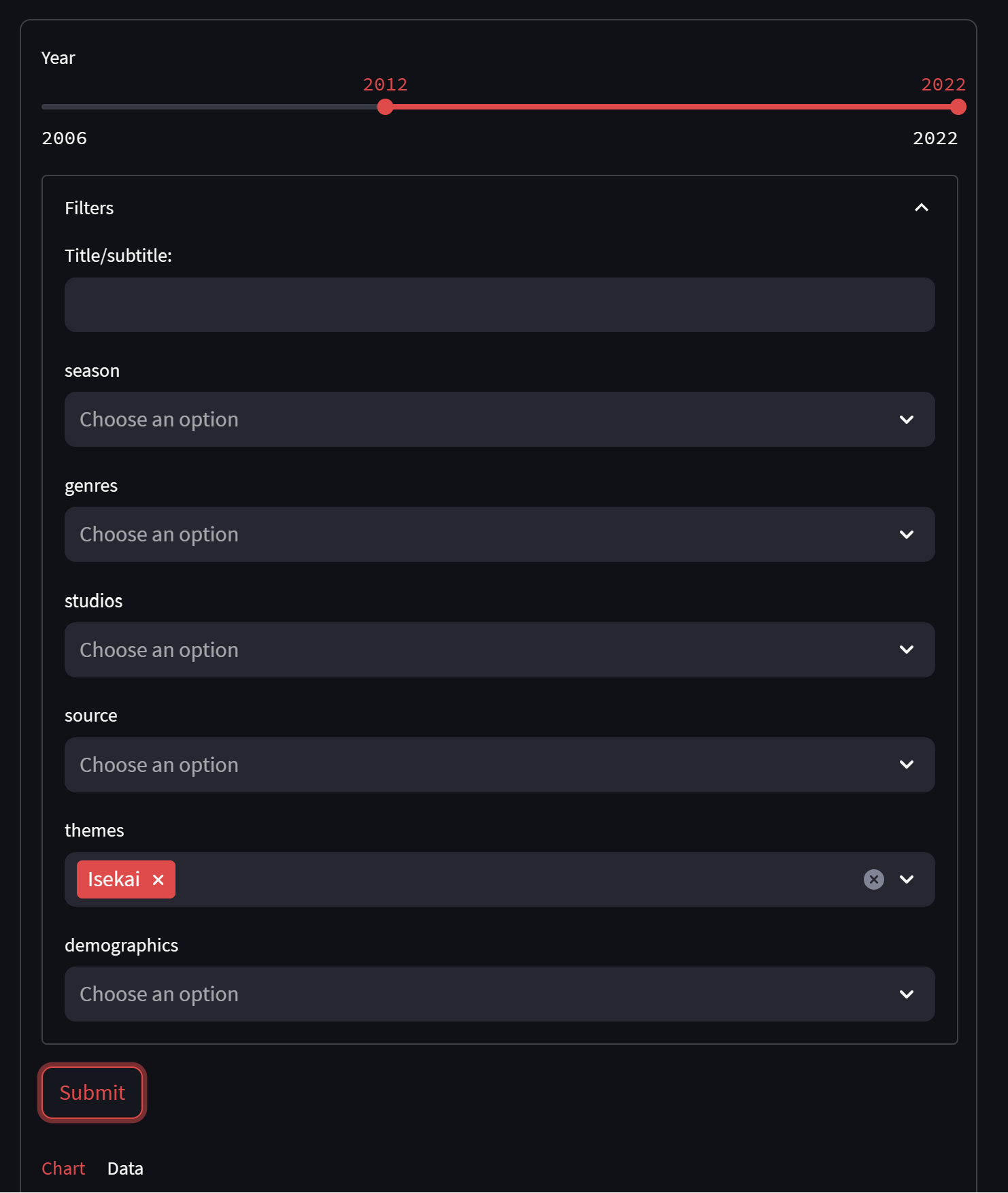 AnimeList filters with example data selected.