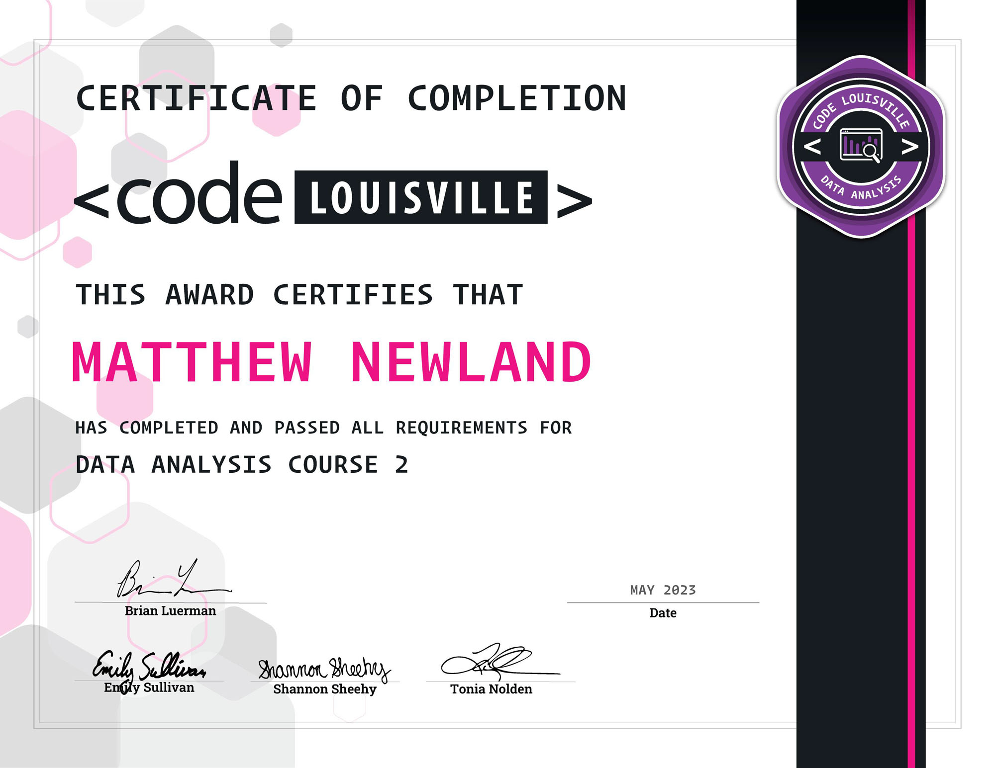 Code Louisville Data Analysis Course 2 Certificate